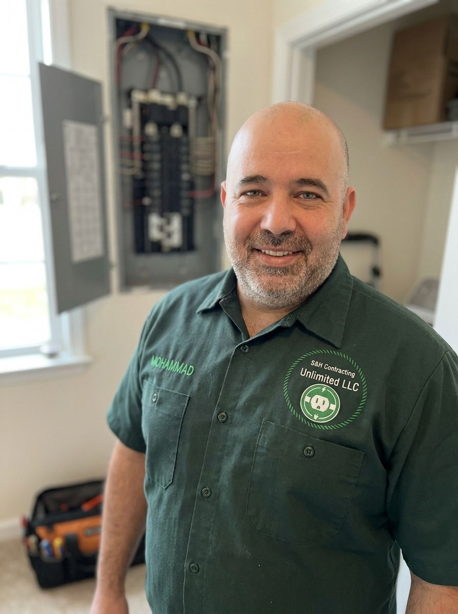 Mohammed Salahuddin, owner of S&H Contracting Unlimited, in a green company shirt with the S&H crest